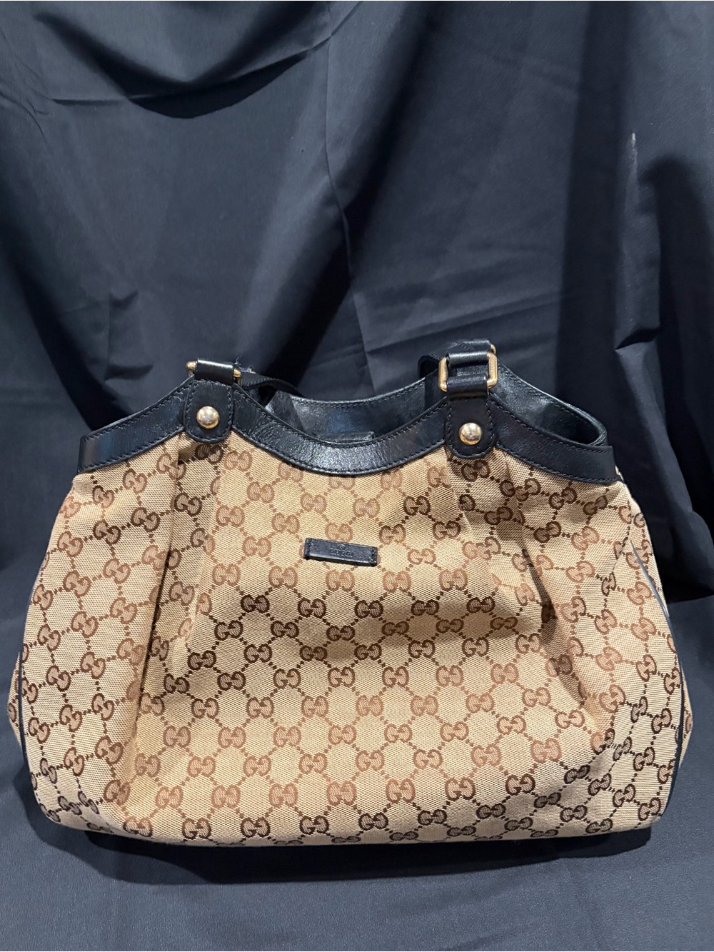 Gucci Beige GG Canvas Shoulder Bag with Black Leather Trim